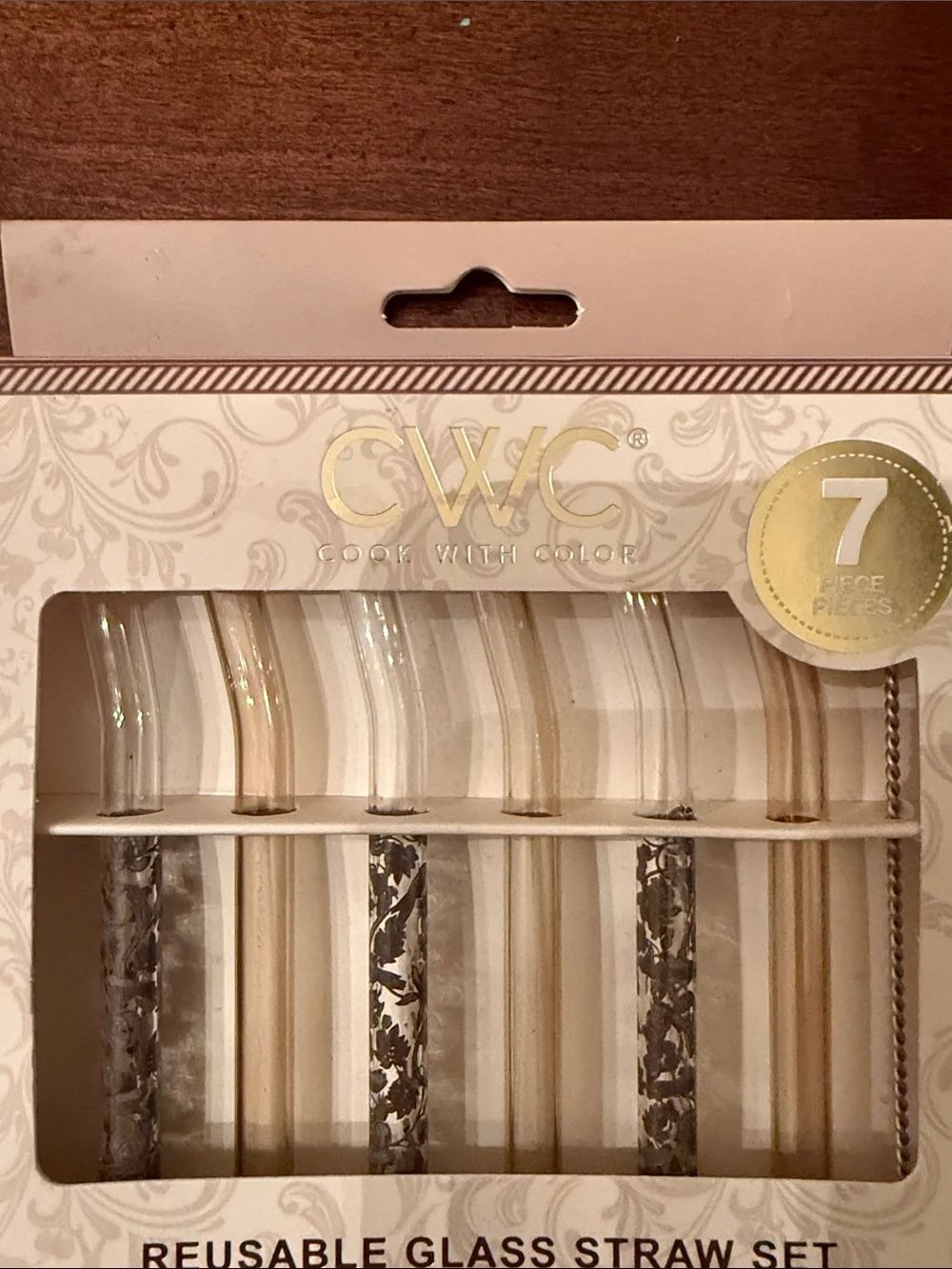 Reusable Glass Straw Set in Gold and Clear with straw cleaner brush - 7 Piece
